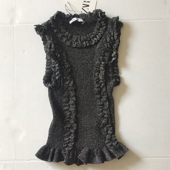 🆕Zara RUFFLED METALLIC THREAD TOP, size M - Picture 4 of 10